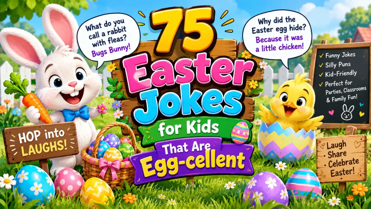 75 Easter jokes for kids featuring a funny bunny, colorful Easter eggs, a cheerful chick, and playful holiday humor