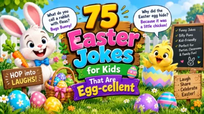 75 Easter jokes for kids featuring a funny bunny, colorful Easter eggs, a cheerful chick, and playful holiday humor
