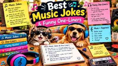 Best music jokes and funny one-liners featuring musical instruments, headphones, records, music notes, and playful comedy