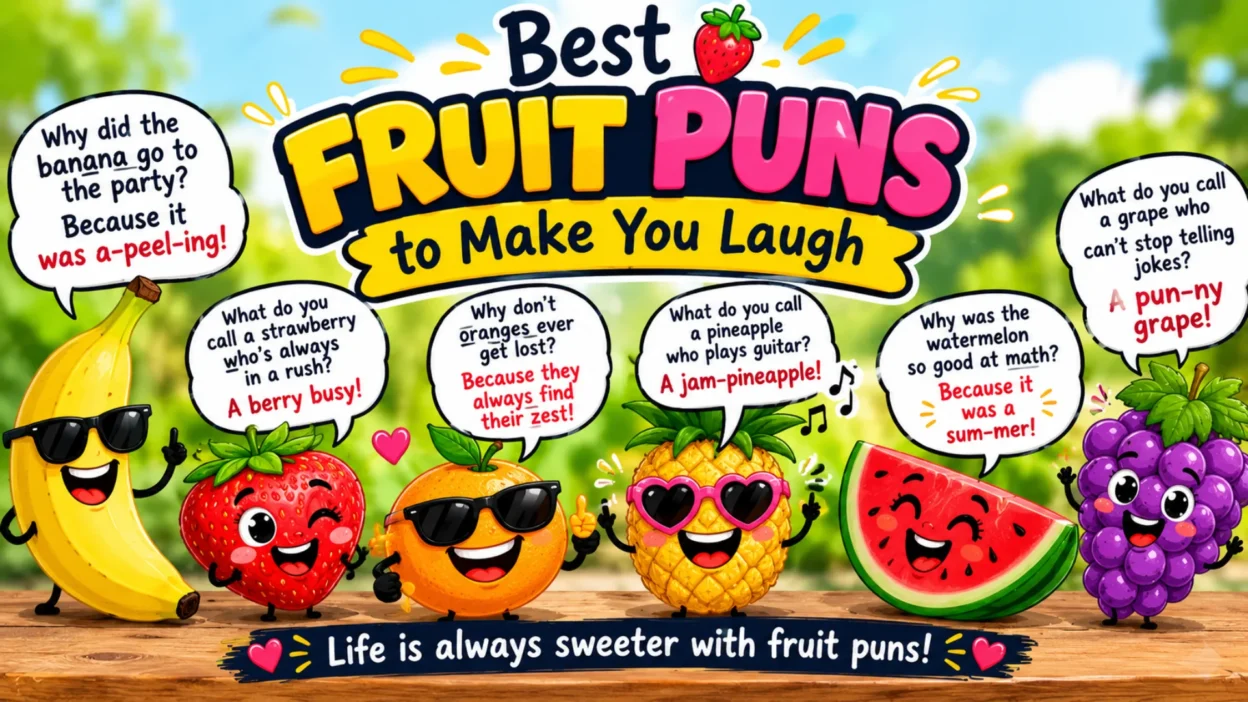 Best fruit puns to make you laugh with colorful cartoon fruits, funny speech bubbles, and playful fruit humor