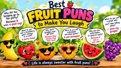 Best fruit puns to make you laugh with colorful cartoon fruits, funny speech bubbles, and playful fruit humor