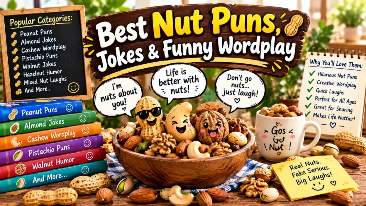 Best nut puns, jokes, and funny wordplay featuring peanuts, almonds, cashews, pistachios, walnuts, and playful humor