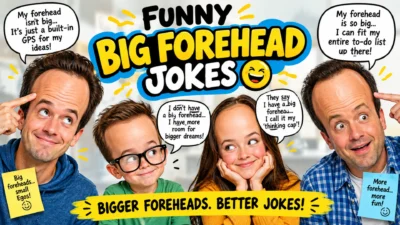 Funny big forehead jokes cartoon with smiling characters, exaggerated foreheads, speech bubbles, and playful humor