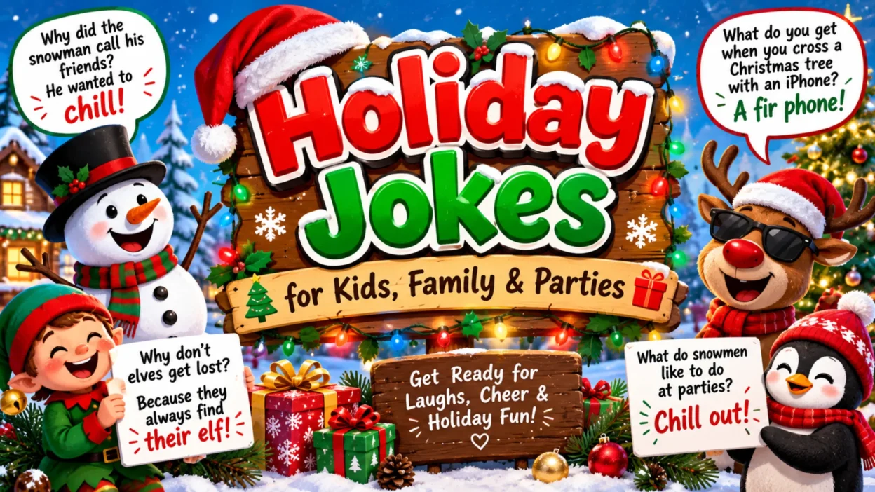 Holiday jokes for kids, family, and parties featuring a snowman, elf, reindeer, penguin, Christmas tree, and festive decorations