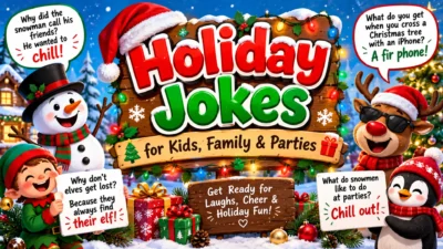 Holiday jokes for kids, family, and parties featuring a snowman, elf, reindeer, penguin, Christmas tree, and festive decorations