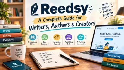 Reedsy guide for writers featuring a manuscript, laptop, editing tools, and book publishing resources