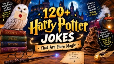 120+ Harry Potter jokes graphic with magical castle, wizard hat, owl, wand, books, and playful fantasy humor