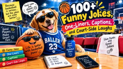 100+ funny basketball jokes, one-liners, captions, and court-side laughs featuring a playful basketball dog mascot