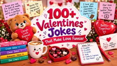 100+ Valentines jokes featuring funny love notes, a teddy bear, chocolates, romantic books, coffee, hearts, and playful Valentine humor
