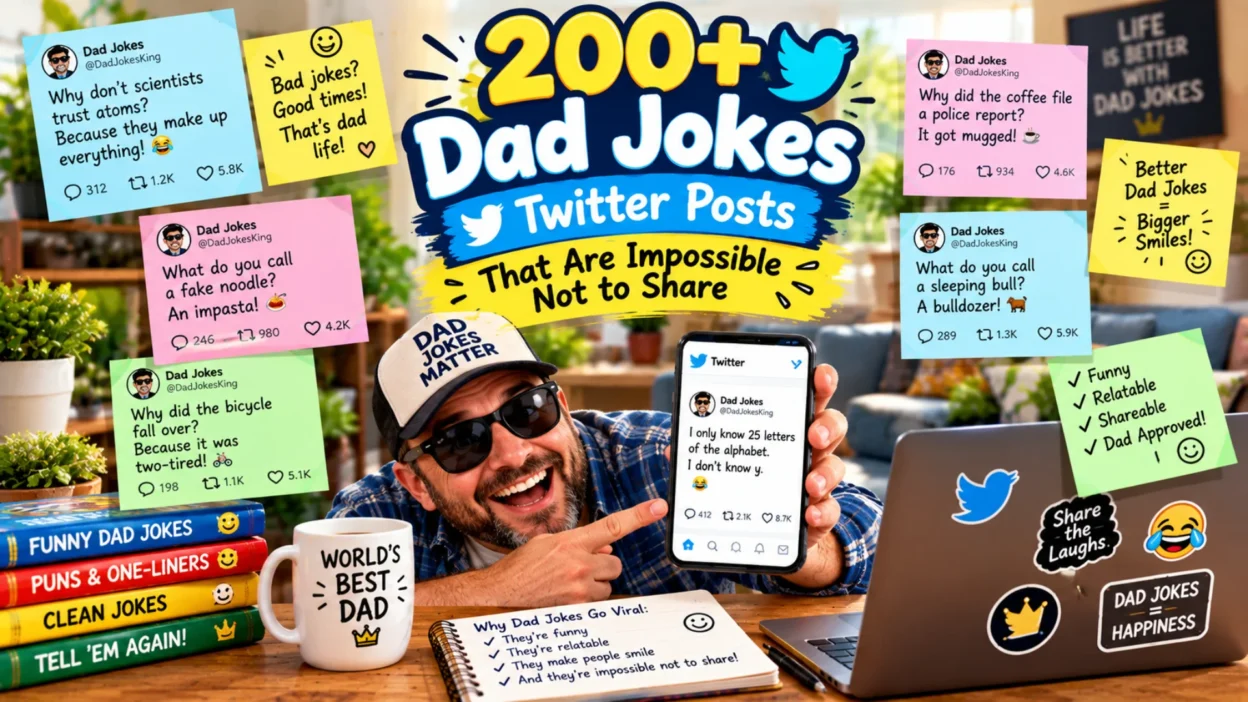 200+ dad jokes Twitter posts featuring funny dad jokes, shareable one-liners, a laughing dad, smartphone, laptop, and social media humor