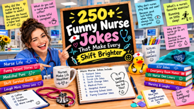 250+ funny nurse jokes featuring a smiling nurse in blue scrubs, stethoscope, medical books, a nurse-themed rubber duck, and colorful hospital humor notes