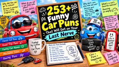 253+ funny car puns featuring smiling cartoon cars, sunglasses, road trip jokes, racing flags, tire humor, and colorful automotive wordplay