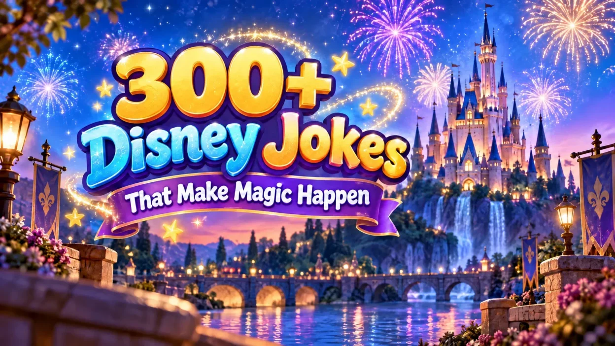 300+ Disney jokes that make magic happen, featuring whimsical cartoon characters, a sparkling fairy-tale castle, magical stars, colorful joke books, and playful family-friendly humor.