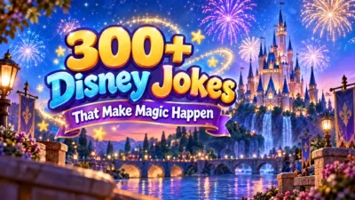 300+ Disney jokes that make magic happen, featuring whimsical cartoon characters, a sparkling fairy-tale castle, magical stars, colorful joke books, and playful family-friendly humor.
