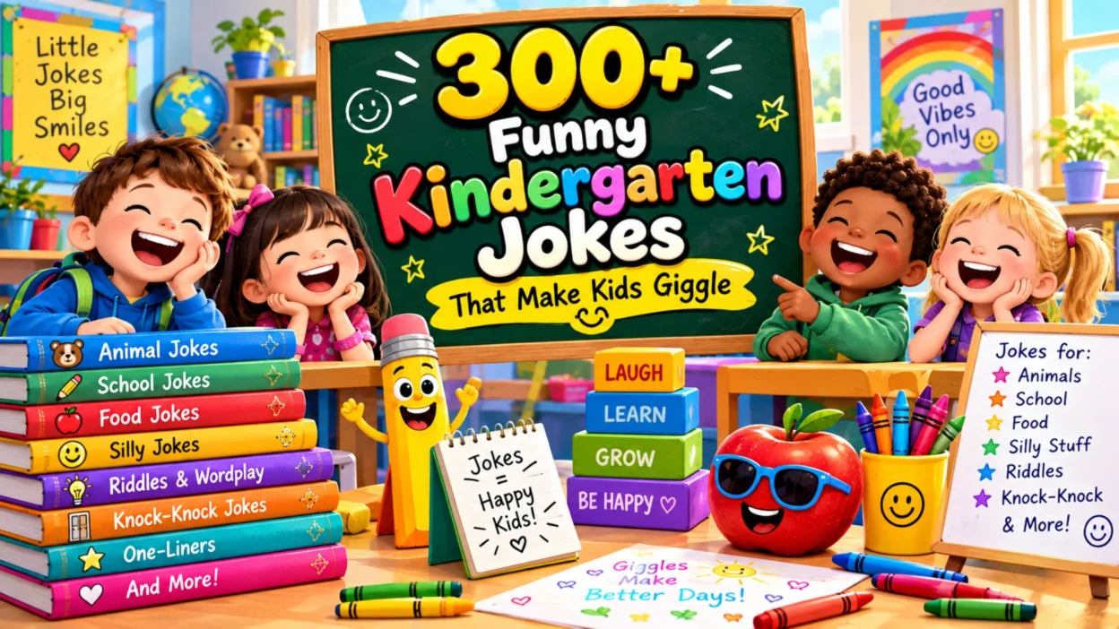 300+ funny kindergarten jokes featuring four laughing children, a smiling pencil mascot, a cartoon apple wearing sunglasses, colorful joke books, and cheerful classroom decorations.
