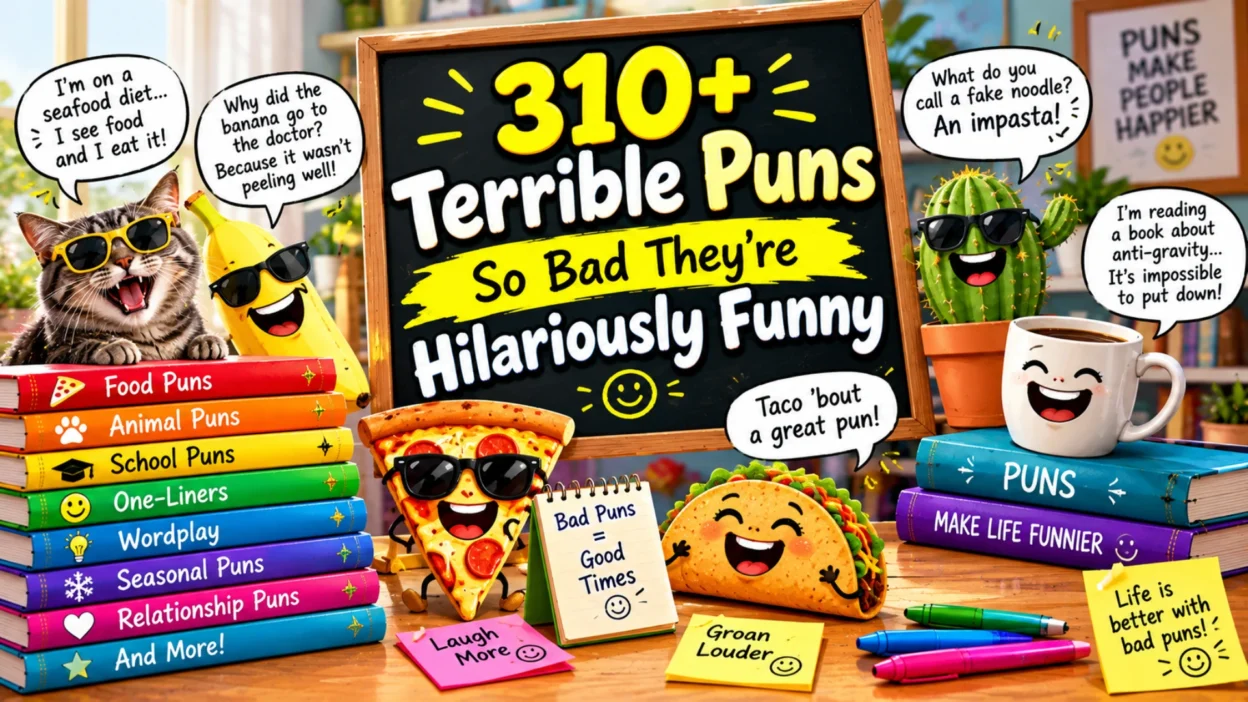 310+ terrible puns featuring a laughing cat, a smiling banana, a sunglasses-wearing cactus, a funny pizza slice, a cheerful taco, and a joke-filled chalkboard.