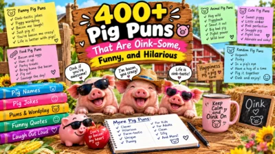 400+ pig puns featuring funny pig characters, oink-some wordplay, farm humor, bacon jokes, and hilarious pig-themed jokes