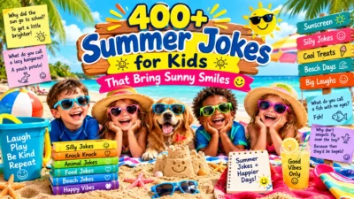 400+ summer jokes for kids featuring laughing children, a playful dog, beach fun, silly jokes, sunshine, and colorful summer humor