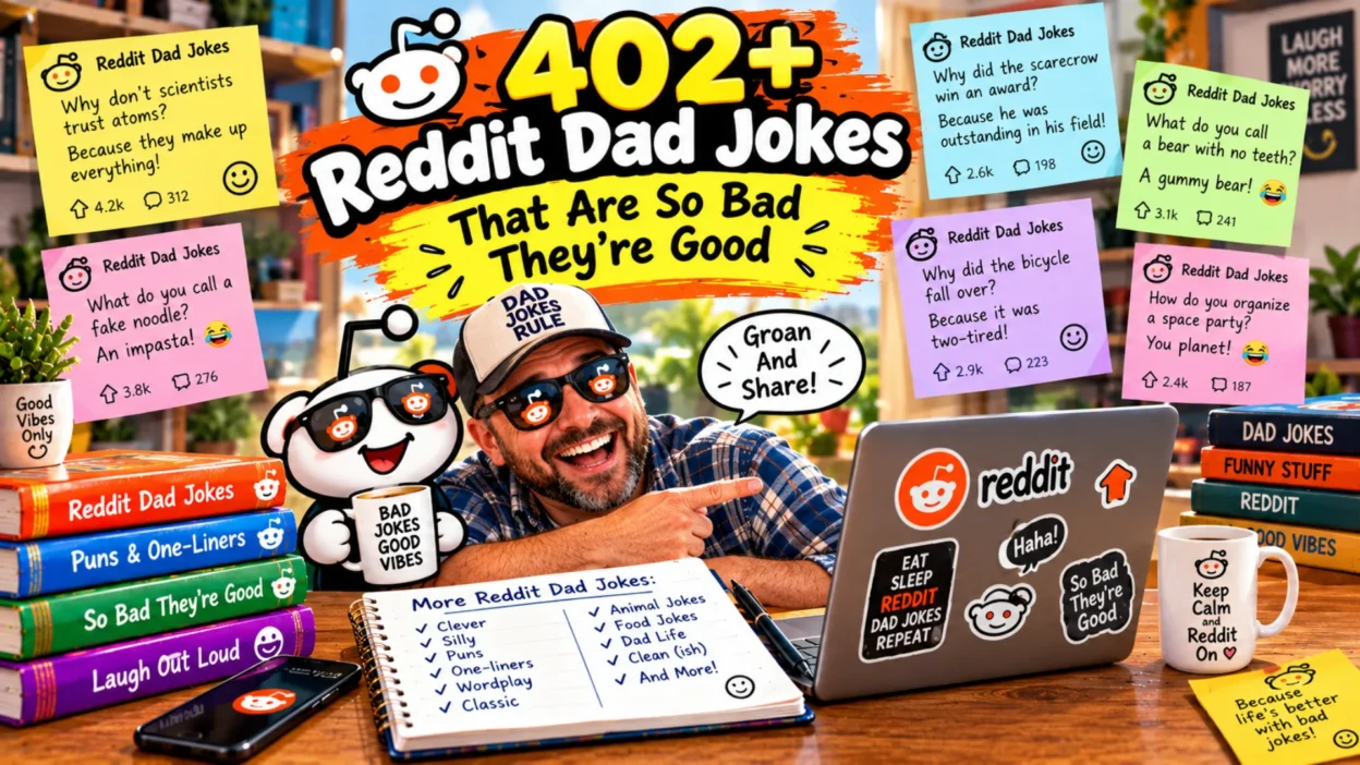 402+ Reddit dad jokes featuring funny Reddit characters, a laughing dad, shareable jokes, one-liners, and playful internet humor
