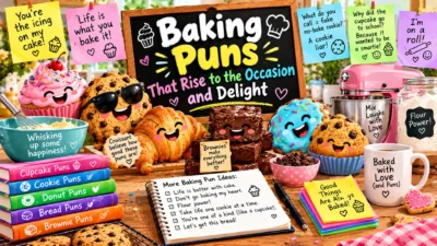 Baking puns featuring cheerful cupcakes, cookies, brownies, croissants, donuts, baking tools, and colorful dessert humor