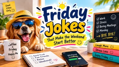 Friday jokes that make the weekend start better, featuring funny pets, coffee, weekend humor, TGIF jokes, and cheerful Friday laughs