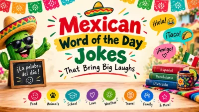 Mexican word of the day jokes featuring funny Spanish wordplay, colorful Mexican culture, playful characters, and big laughs