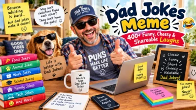 Dad jokes meme featuring a funny dad wearing sunglasses, a playful dog, joke books, laptop, coffee mug, and cheesy punchlines
