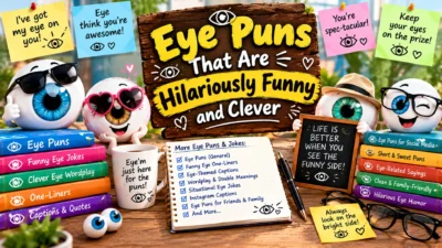 Eye puns that are hilariously funny and clever, featuring cartoon eyeballs wearing sunglasses, colorful joke books, funny speech bubbles, and playful eye-related wordplay