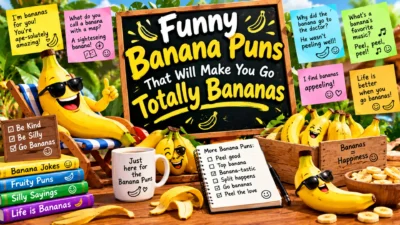 Funny banana puns featuring cheerful banana characters, sunglasses, tropical greenery, joke notes, banana slices, and playful fruit humor