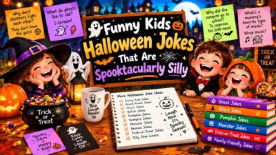 Funny kids Halloween jokes featuring laughing children, friendly ghosts, pumpkins, candy, witches, vampires, bats, and silly spooky humor