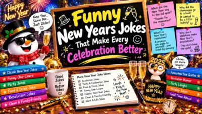 Funny New Years jokes featuring a cheerful snowman, festive penguin, fireworks, champagne glasses, colorful joke notes, and party decorations