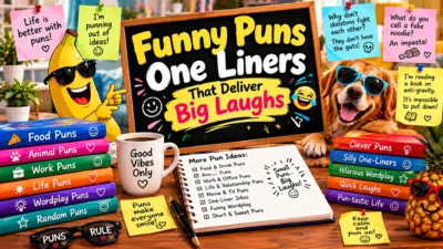 Funny puns one liners featuring a cheerful banana, playful dog, pineapple, colorful joke notes, books, and big laugh humor