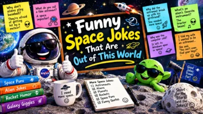Funny space jokes featuring a smiling astronaut, playful alien, planets, rocket, telescope, stars, and colorful space-themed humor