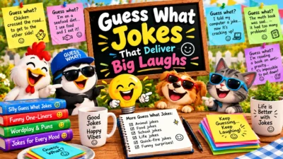 Guess what jokes featuring funny animal characters, colorful joke notes, playful props, books, and big laugh humor