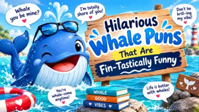 Hilarious whale puns featuring a cheerful blue whale, ocean waves, nautical decorations, funny speech bubbles, and fin-tastically funny wordplay