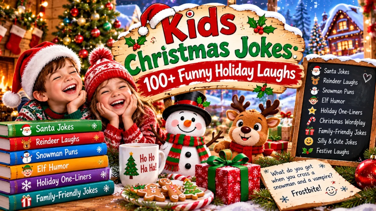 Kids Christmas jokes featuring two laughing children in Santa hats, a cheerful snowman, a cute reindeer, colorful joke books, Christmas cookies, and festive holiday decorations.