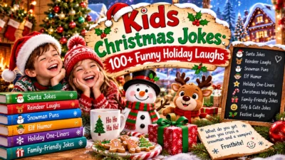 Kids Christmas jokes featuring two laughing children in Santa hats, a cheerful snowman, a cute reindeer, colorful joke books, Christmas cookies, and festive holiday decorations.