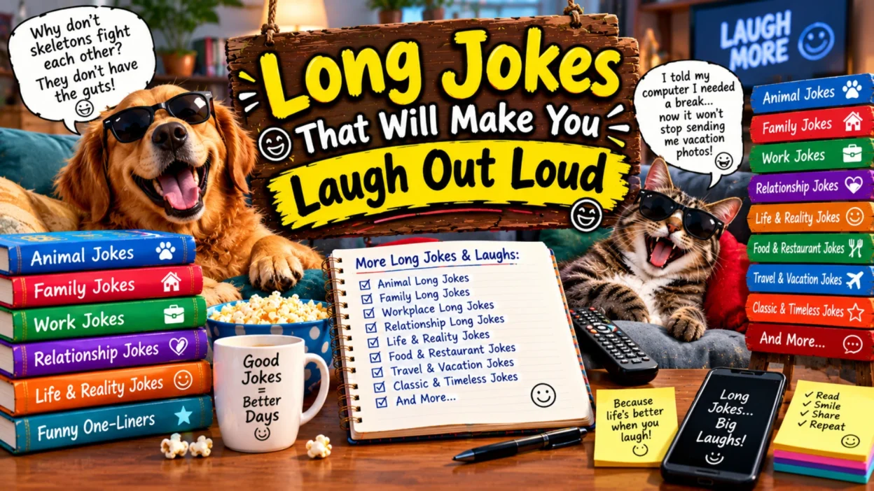 Long jokes that will make you laugh out loud, featuring a laughing dog and cat wearing sunglasses, funny speech bubbles, colorful joke books, popcorn, and playful humor notes.