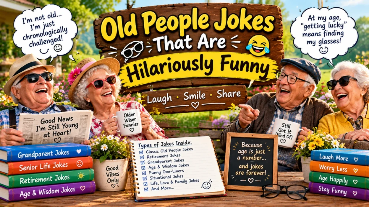 Old people jokes featuring four laughing seniors wearing sunglasses and hats, funny speech bubbles, joke books, coffee mugs, and hilarious retirement humor
