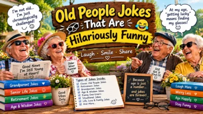 Old people jokes featuring four laughing seniors wearing sunglasses and hats, funny speech bubbles, joke books, coffee mugs, and hilarious retirement humor