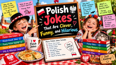 Polish jokes featuring laughing children in Polish folk clothing, pierogi, Polish flags, cultural decorations, and clever funny humor