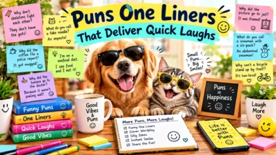 Puns one liners featuring funny jokes, clever wordplay, quick laughs, playful pets, coffee, books, and humorous speech bubbles