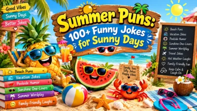 Summer puns featuring smiling pineapple and watermelon characters wearing sunglasses, a cheerful crab, a sunny beach, colorful joke books, and tropical decorations.