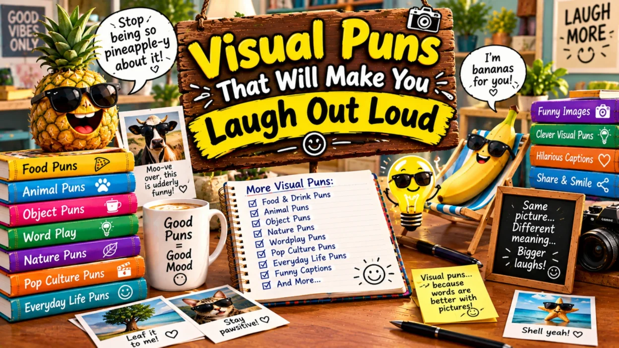 Visual puns that will make you laugh out loud, featuring a smiling pineapple, a sunglasses-wearing banana, a funny lightbulb, playful animal photos, and clever picture-based wordplay.