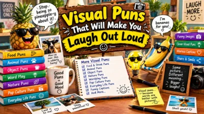 Visual puns that will make you laugh out loud, featuring a smiling pineapple, a sunglasses-wearing banana, a funny lightbulb, playful animal photos, and clever picture-based wordplay.